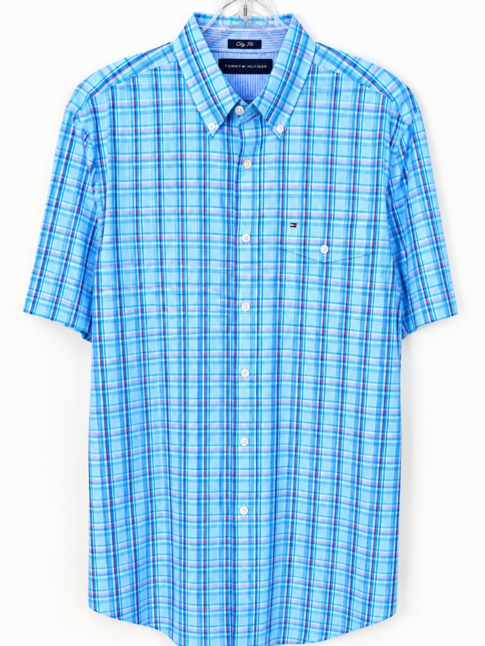 Tommy Hilfiger Men’s Blue Plaid Short Sleeve Button Down Shirt City Fit